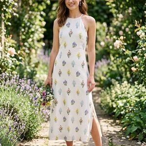 MOTF Cream Halter Midi Dress with Pastel Floral Motifs